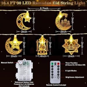 Ramadan Eid Mubarak Decorations String Lights 16.4FT 30 LED Star Moon - Image 2